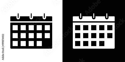 Calendar icon in solid fill style, displayed in black on white and white on black background. Perfect for scheduling apps, event planning, and date management interfaces.