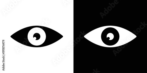 Eye icon in solid fill style, shown in black on white and white on black background. Ideal for visibility controls, preview options, and view indicators in interfaces.
