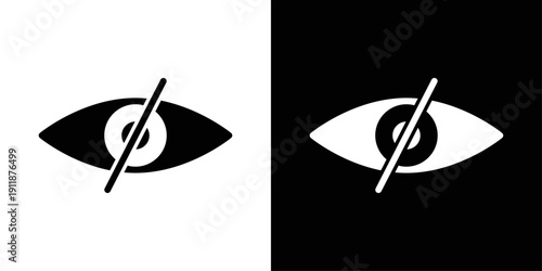 Eye off icon in solid fill style, shown in black on white and white on black background. Ideal for privacy controls, password visibility toggle, and hidden content indicators.