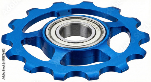 Blue anodized CNC machined aluminum derailleur jockey wheel for bicycle isolated on white