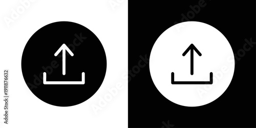 Upload icon in solid fill style, displayed in black on white and white on black background. Perfect for file sharing, cloud storage, and data transfer interfaces.