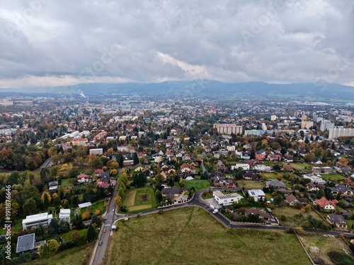 фотографія village scene with lush surroundings, serene rural landscape with clustered dwel