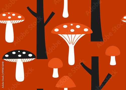 Seamless pattern with stylized mushrooms and black tree trunks on a rust orange background.