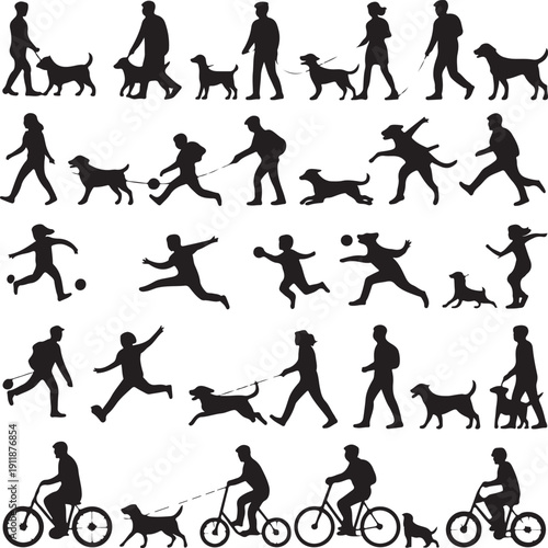 Group people all ages activities with dogs vector silhouette set collection.
