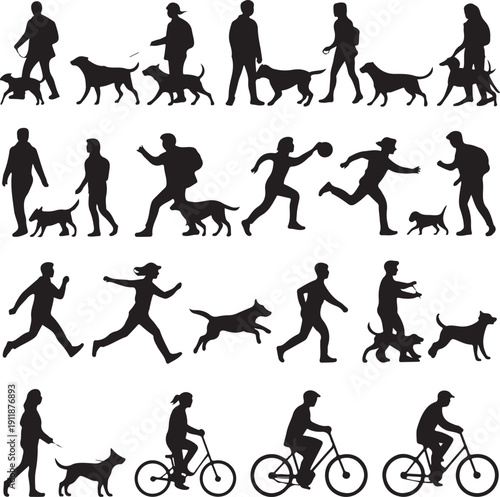 Group people all ages activities with dogs vector silhouette set collection.