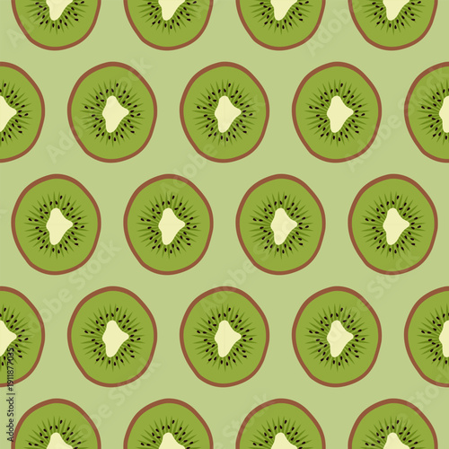 Kiwi half seamless pattern. Slices of green kiwi on a light green background. Design for wrapping paper, wallpaper, fabric, textile and etc. Vector illustration.