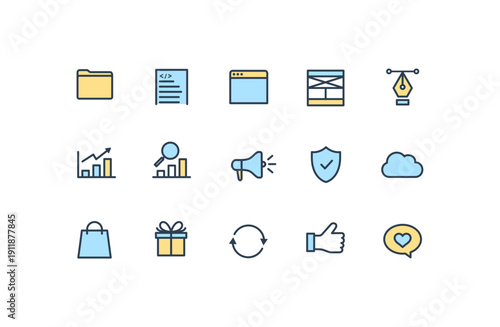 ビジネス・マーケティング素材のフラットアイコン集（青・黄アクセント）