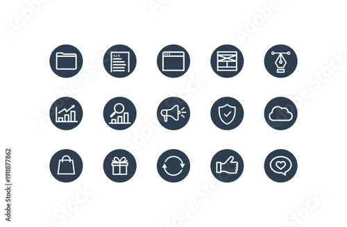 ビジネス・マーケティングの丸型アイコンコレクション（ネイビー背景）