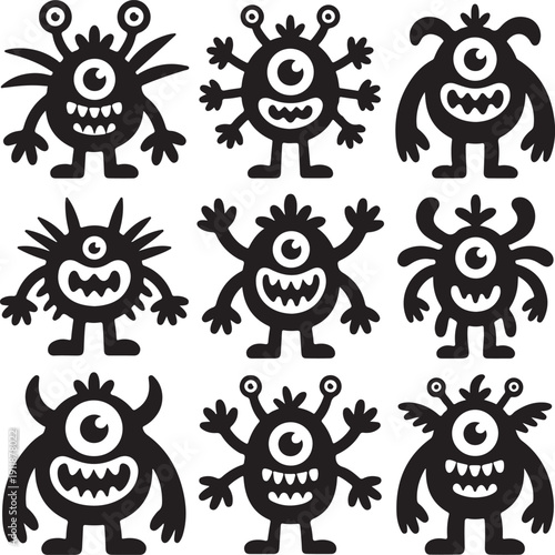 Halloween monster silhouettes collection. Cute and funny creatures. Black and white illustration