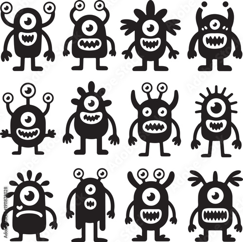 Halloween monster silhouettes collection. Cute and funny creatures. Black and white illustration