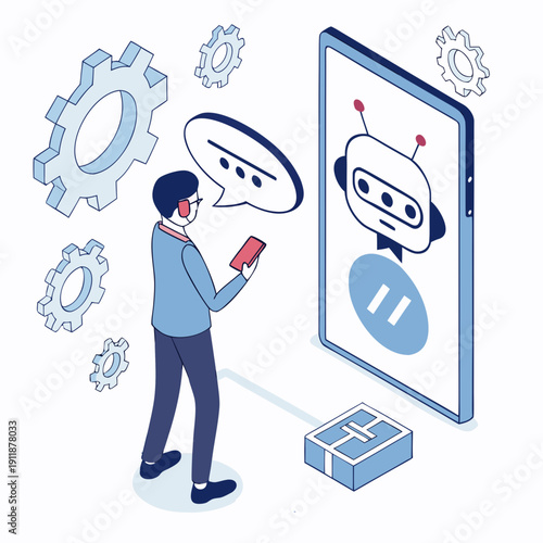 business man with a laptop computer. Businessman using mobile phone with virtual chatbot icon. AI technology, virtual assistant, customer service automation