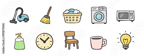 Collection of colorful hand-drawn icons representing household chores, appliances, and everyday home items in a playful doodle style.
