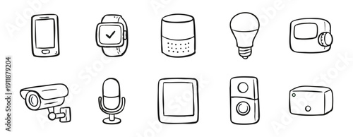 Hand-drawn doodle icons for smart home technology and gadgets including smartphone, smartwatch, security camera, smart speaker, and lightbulb.
