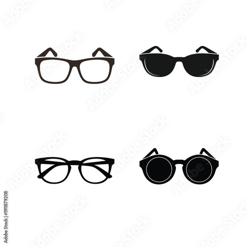 Four different styles of black glasses