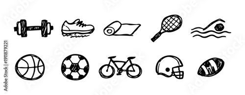 Set of hand-drawn black and white doodle icons representing various sports, fitness equipment, and athletic activities.