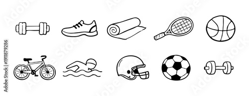 Collection of hand-drawn sports and fitness icons including soccer, basketball, gym equipment, and swimming in a minimalist black and white style.