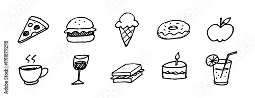 Hand-drawn collection of food and drink doodles including pizza, burger, ice cream, donut, and coffee on a white background.
