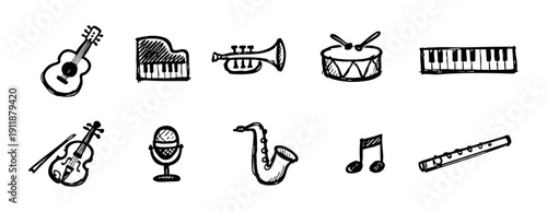 Hand-drawn musical instrument doodle set featuring icons of guitar, piano, trumpet, violin, drum, and saxophone on a white background.
