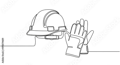 Construction worker safety gear: hard hat and gloves, minimalist line art