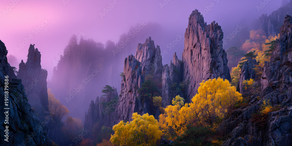 Fototapeta premium sharp limestone karst pinnacles in crimson sunset fog with yellow ginkgo trees autumn landscape