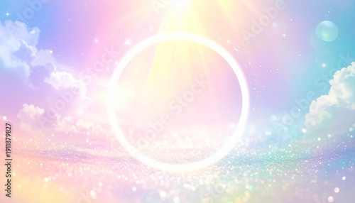 パステルレインボーの背景と光の輪