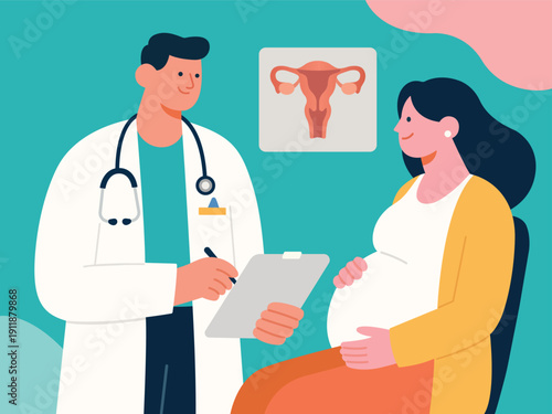 OBGYN obstetrics and gynecology clinic pregnancy patient and doctor flat illustration