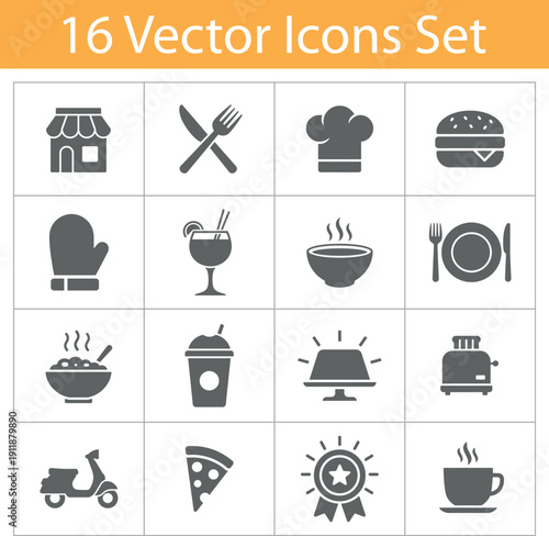 Restaurant and Food Delivery Vector Icon Set featuring Chef Hat Burger Pizza Soup and Kitchenware symbols for Catering and Gastronomy