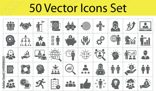 Corporate Management and Human Resources Vector Icon Set featuring Teamwork Leadership Strategy Analysis and Professional Office symbols for Business Organization