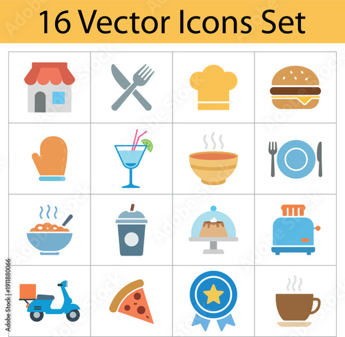 Restaurant and Food Delivery Colored Vector Icon Set featuring Chef Hat Burger Pizza Soup and Kitchenware symbols for Cafe Menu Design