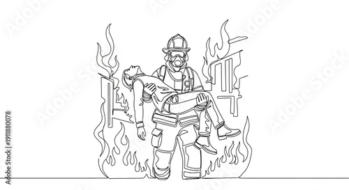 Wallpaper Mural Firefighter Rescuing Person From Burning Building, Line Art Torontodigital.ca