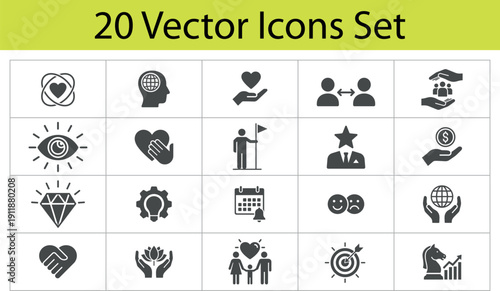 Charity Care and Business Leadership Vector Icon Set featuring Heart Hands Globe Success and Human Connection symbols