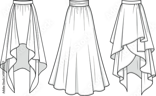 High Low Handkerchief Hem Skirt Set, Draped Maxi Skirt CAD Drawing Flat Vector Illustration, Fashion Apparel Template, Women’s Bottoms Design