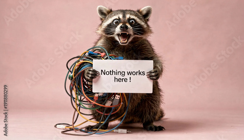 Expressive raccoon with tangled wires holding 