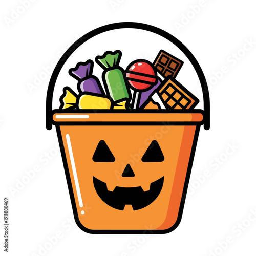Jackolantern bucket filled with halloween candy, perfect for holiday designs, seasonal promotions, party invitations, and fallthemed projects.