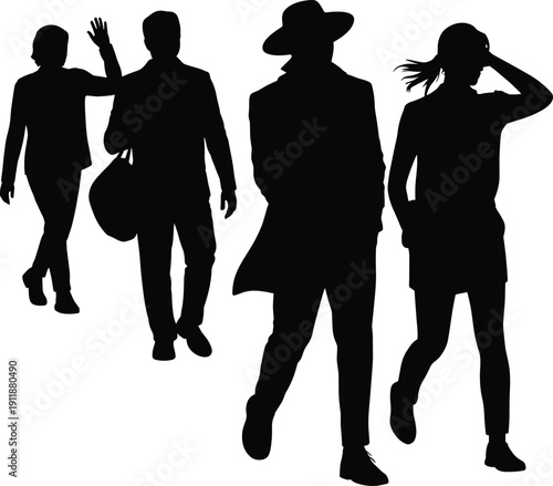 Vector illustration of walking silhouette collection—symbols for human motion, diverse postures, casual lifestyle, commuting behavior, fashion style, outdoor activity, and movement representation