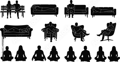 Technical CAD drawing flat vector illustration of people silhouettes sitting on benches sofas and armchairs in various relaxed lounging poses