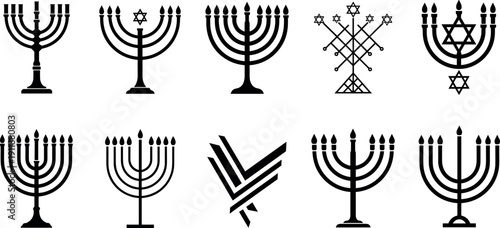 Set of Ten Black Silhouette Menorah Icons Featuring Various Designs including Star of David for Jewish Hanukkah Holiday Celebrations