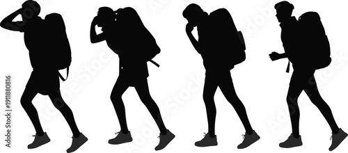 Vector illustration of walking backpack silhouette collection—symbols for outdoor activity, travel lifestyle, human locomotion, commuting behavior, adventure journey, and motion representation