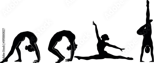 Set of young woman gymnastics silhouettes performing flexible yoga poses and acrobatic stretching exercises isolated on white background vector illustration