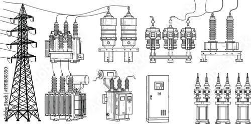 Technical CAD drawing flat vector illustration of high voltage electrical power station equipment including transformers pylon and transmission control panels