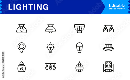 Lighting Elements And Illumination Line Icon Set – Professional Minimal Modern Lamp, Bulb, Fixture, Spotlight, Lantern, Chandelier, Editable Vector Collection