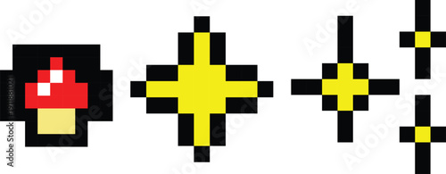 Vibrant pixel art collection featuring classic mushroom power-up and sparkling starburst elements, perfect for retro game designs and nostalgic graphic projects