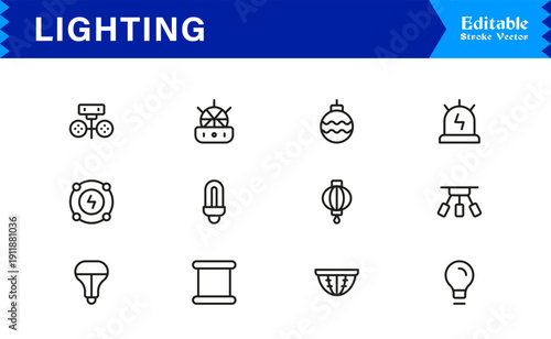 Lighting Elements And Illumination Line Icon Set – Professional Minimal Modern Lamp, Bulb, Fixture, Spotlight, Lantern, Chandelier, Editable Vector Collection