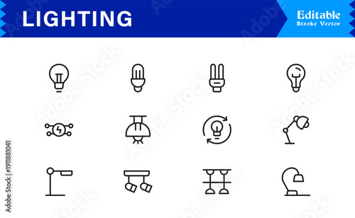 Lighting Elements And Illumination Line Icon Set – Professional Minimal Modern Lamp, Bulb, Fixture, Spotlight, Lantern, Chandelier, Editable Vector Collection
