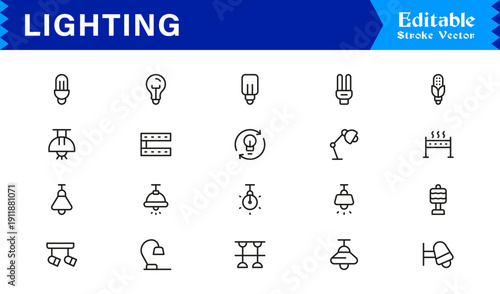 Lighting Elements And Illumination Line Icon Set – Professional Minimal Modern Lamp, Bulb, Fixture, Spotlight, Lantern, Chandelier, Editable Vector Collection