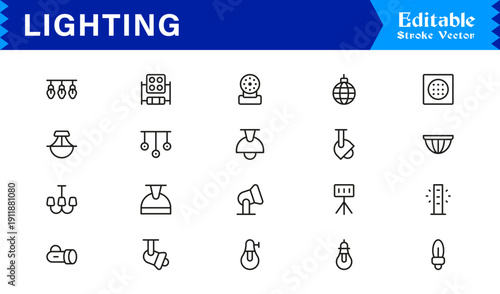 Lighting Elements And Illumination Line Icon Set – Professional Minimal Modern Lamp, Bulb, Fixture, Spotlight, Lantern, Chandelier, Editable Vector Collection