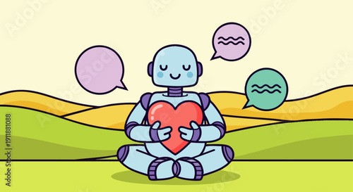 Cute cartoon robot meditating with a heart, symbolizing artificial intelligence, emotional well-being, mindfulness, and compassion in technology.