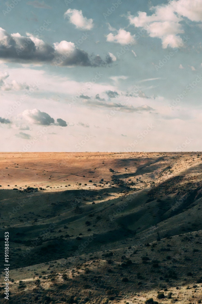 Naklejka premium Panoramic view of a misty desert canyon under a cloudy sky at sunset