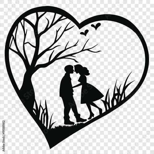 A romantic black vector illustration of a couple kissing in a spring nature landscape park with a tree and grass during a family garden walk