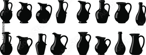 Vector illustration of pitcher silhouette collection—symbols for jug design, vessel shapes, kitchenware, pottery art, beverage container, traditional craft, and decorative representation